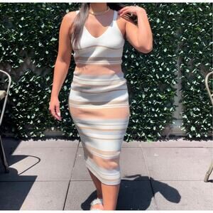 Willow & Wind Knit Midi Dress Cream Peach Gray Strip Pattern V-Neck Bodycon L